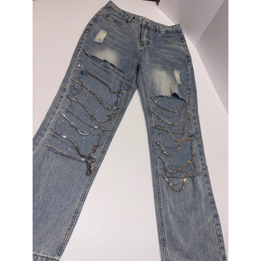 Rhinestone‎ Chain Distressed Ripped Jeans Women's Light Wash Denim KIWI Sz L